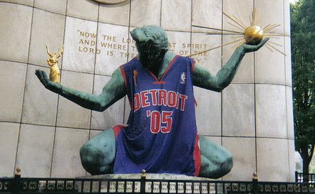 Detroit Lions' jersey on the Spirit of Detroit statue